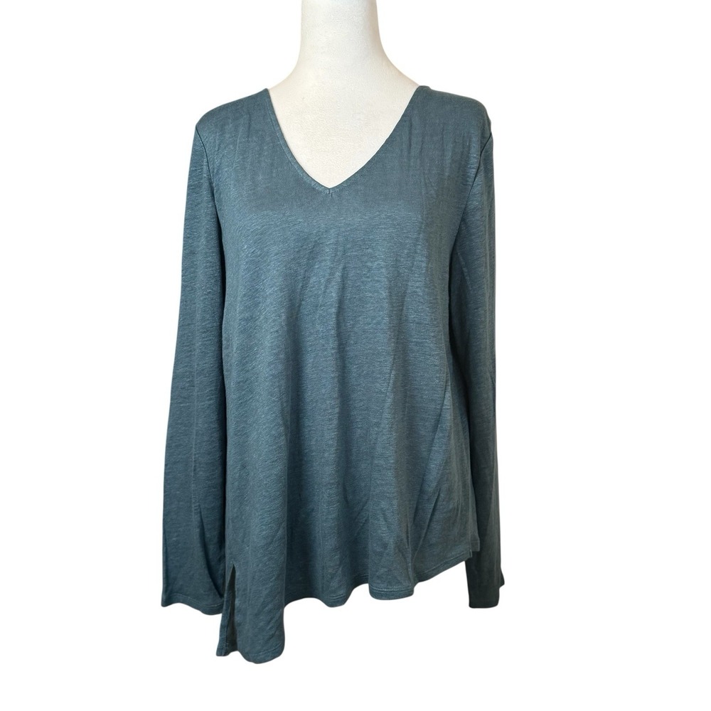 Garnet Hill Sage Green Organic Linen Sweater Asymmetrical Hem Size Med Natural